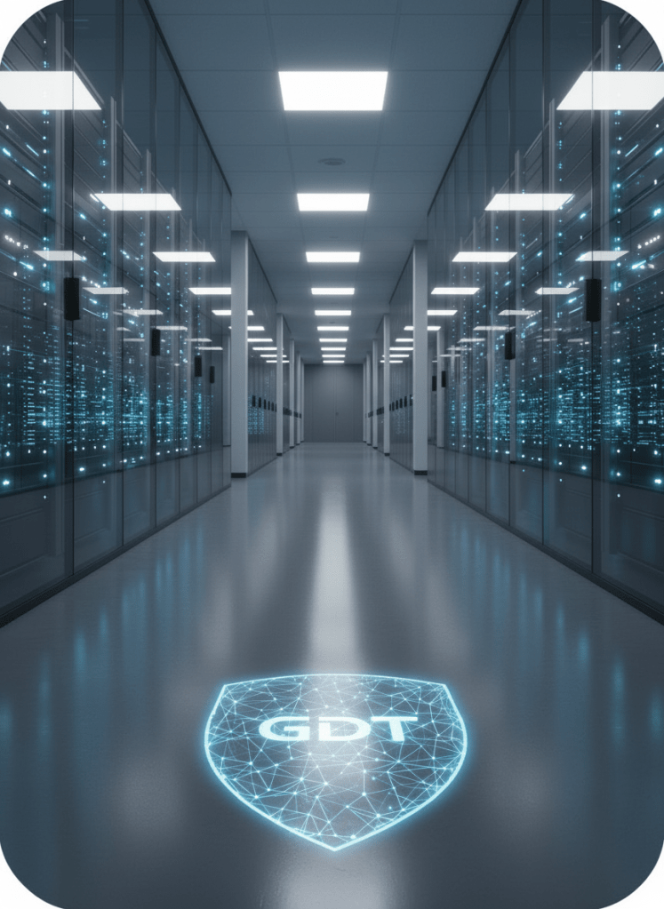 A sleek, glass-walled data center corridor stretching into the distance, server racks on both sides glowing with cool blue and soft white indicator lights. In the center of the polished dark floor, a luminous, semi-transparent shield-shaped hologram displays a precise mesh of interconnected nodes, subtly forming the letters “GDT”. Overhead, recessed LED panels cast clean, neutral white light, creating crisp reflections and controlled shadows. The photographic composition is shot at eye level with a strong vanishing point, emphasizing depth and trust. The atmosphere is ultra-modern, calm, and meticulously organized, embodying compliance-ready AI infrastructure with a clean, professional, and highly realistic aesthetic suitable for an enterprise technology homepage hero image.