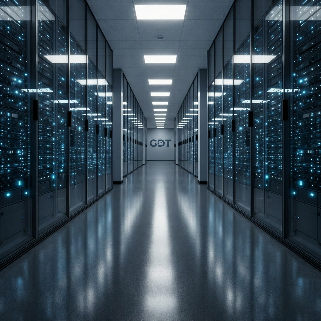 A sleek, glass-walled data center corridor stretching into the distance, server racks on both sides glowing with cool blue and soft white indicator lights. In the center of the polished dark floor, a luminous, semi-transparent shield-shaped hologram displays a precise mesh of interconnected nodes, subtly forming the letters “GDT”. Overhead, recessed LED panels cast clean, neutral white light, creating crisp reflections and controlled shadows. The photographic composition is shot at eye level with a strong vanishing point, emphasizing depth and trust. The atmosphere is ultra-modern, calm, and meticulously organized, embodying compliance-ready AI infrastructure with a clean, professional, and highly realistic aesthetic suitable for an enterprise technology homepage hero image.